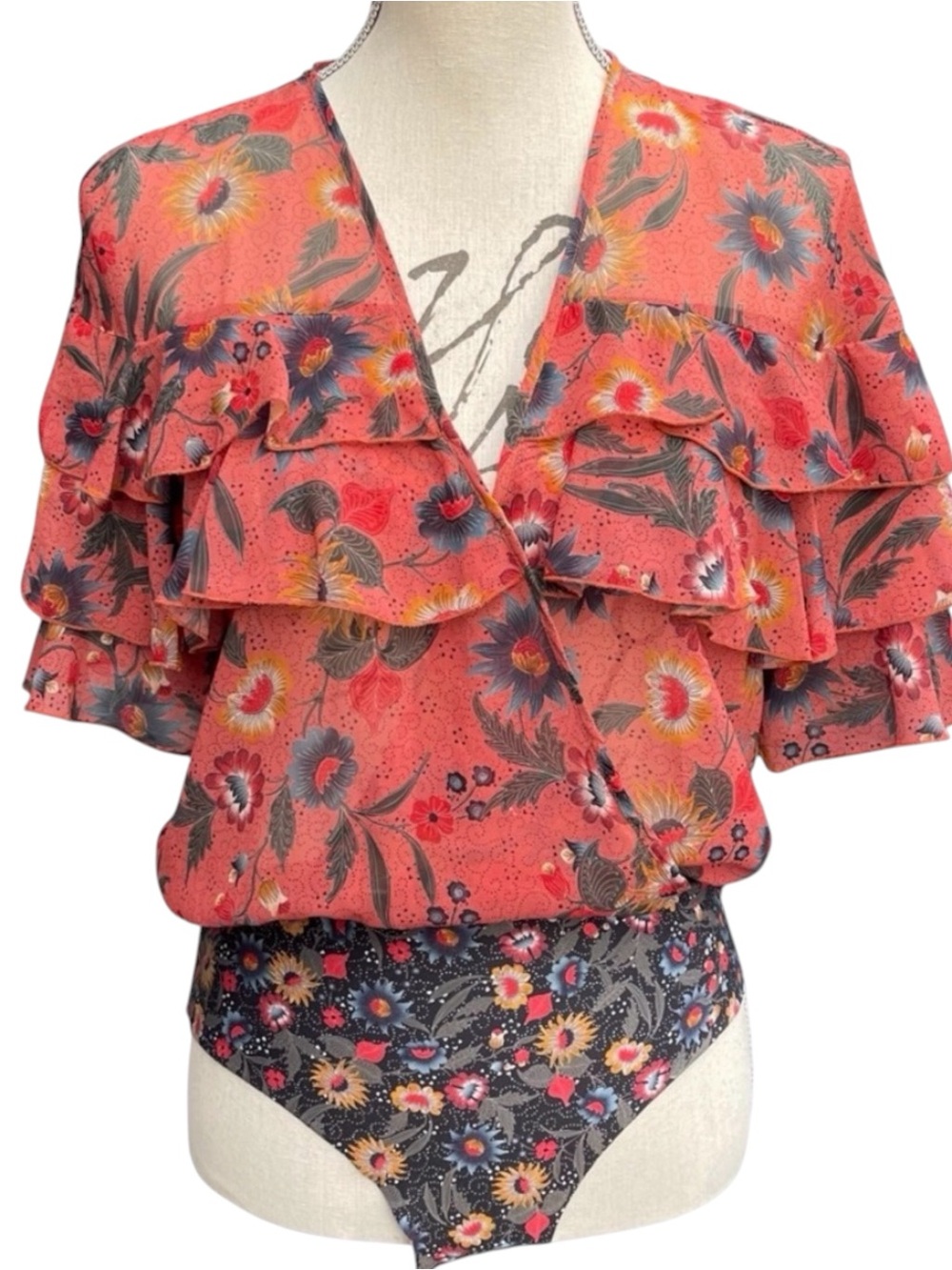 Zara Coral/Multi Colour Floral Ruffle Sheer Bodysuit (S)